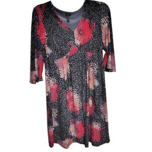 Soma Medium Midi Dress, Pink Flowers, Gray Black, 3/4 Sleeve, V-Neck Nightgown